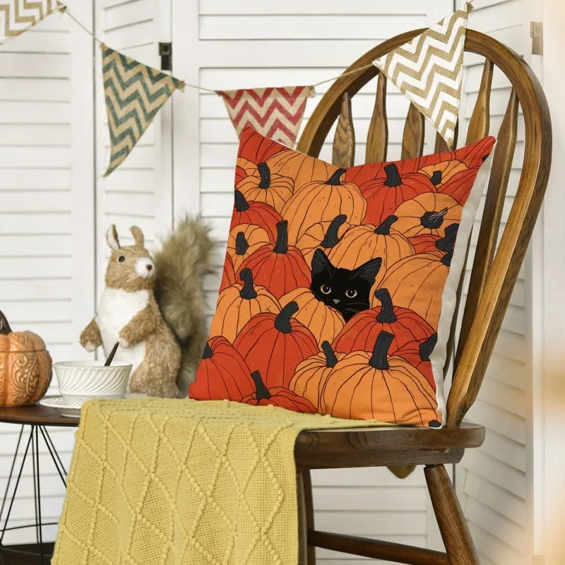 1pc 2D Flat Printed Throw Pillow, Featuring a Playful Little Black Cat Hidden Among Orange-Red Pumpkin Clusters, Simple Cartoon Art Style, Full of Autumn Atmosphere, Cute and Soothing, Suitable for Living Room and Halloween T