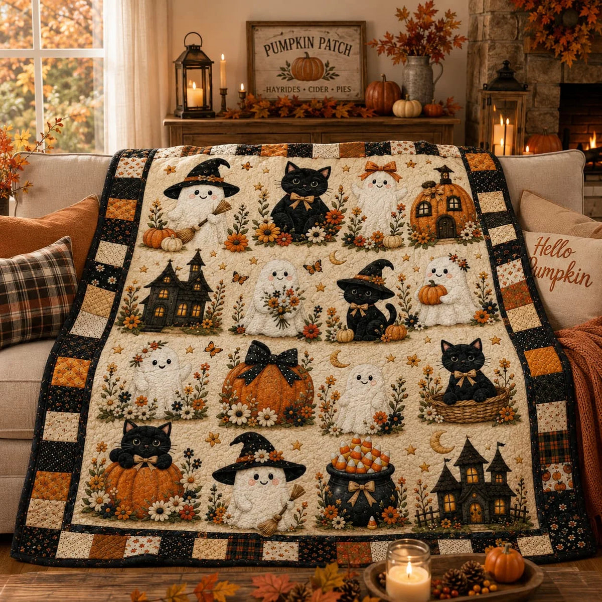 Halloween Quilt Blanket with Cute Black Cats, Pumpkins, Ghost, Witch Hat, Moon and Candles, Cozy Autumn Throw for Bed Sofa Room Decor