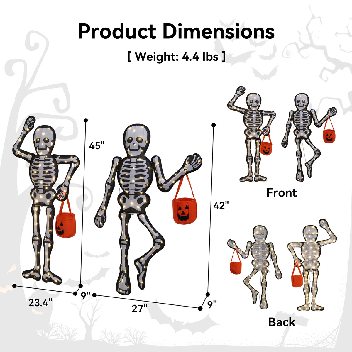 45" H 2-Piece Skeleton Lights Set 2.5D Outdoor Halloween Decorations