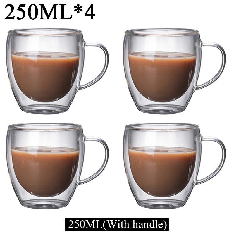 150/250/350/450ml Heat‑Resistant Double‑Wall Transparent Glass Mug For Coffee Tea Milk Whiskey Wine Cold‑Beverage Household Drinkware