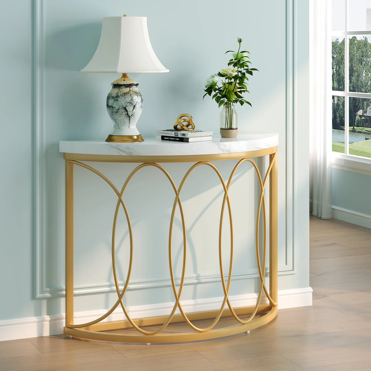 Tribesigns Modern Half Moon Console Table With Geometric Metal Frame