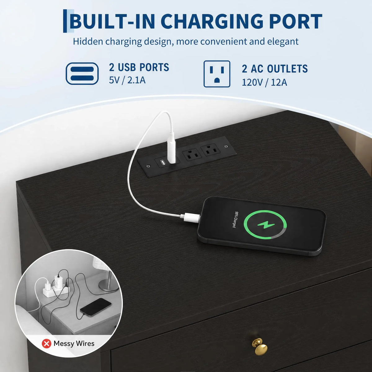 Nightstand With Charging Station 3 Drawers Set Of 2
