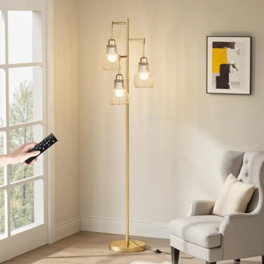 Dimmable Gold Floor Lamps for Living Room, Farmhouse Tree Standing Tall Lamp with Remote Control 3 Elegant Cage Shade LED Bulbs