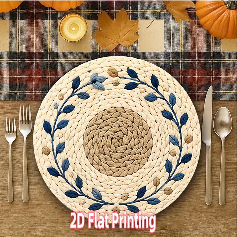 Set of 4 Beige & Blue Round Wooden Placemats - Suitable for Textured Dining Tables, Table Decor, Ideal for Parties, Easter Dinners and Table Settings, 2D Flat Print