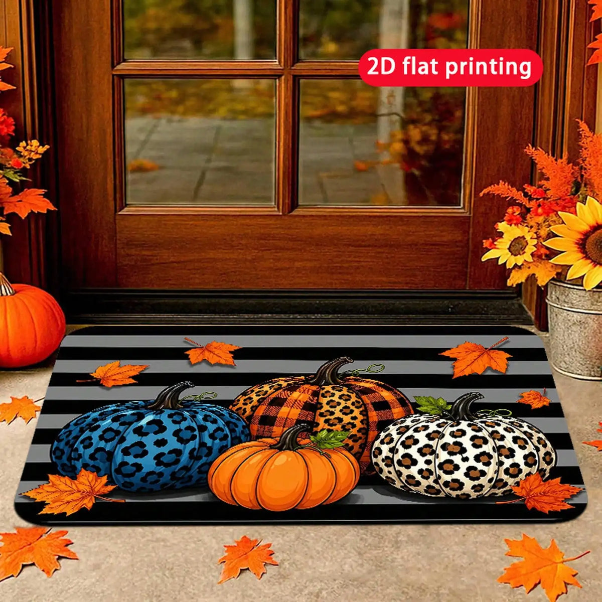 Colorful Leopard Print Pumpkin Pattern Autumn Halloween Doormat - Stylish Fall Party Style Autumn Halloween Doormat, Non-Slip, Machine Washable Doormat