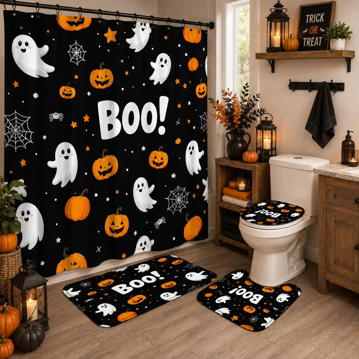 4pcs Halloween Boo Pumpkin Lantern Ghost Shower Curtain Set, Halloween Decor Bathroom Curtain Set with 12 Hooks Included Non-Slip Bathroom, Toilet U-Shaped, Toilet Lid Cover, Bathroom Additions Halloween Gift