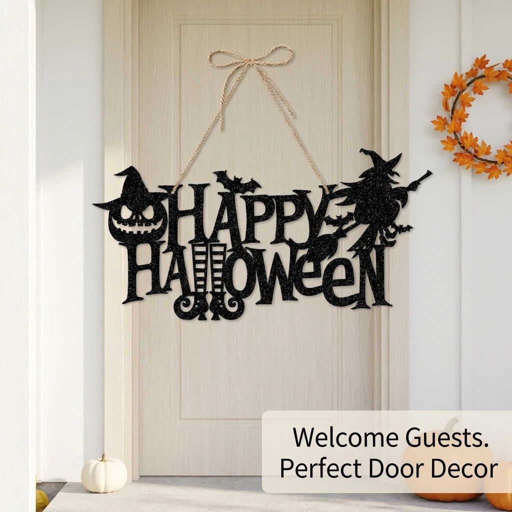 Halloween Hanging Sign Happy Halloween Door Decoration Glitter Black Witch Pumpkin Bat Wall Decor for Party Home Haunted House Bar Layout, 16.1x8.3 Inches (41x21cm)