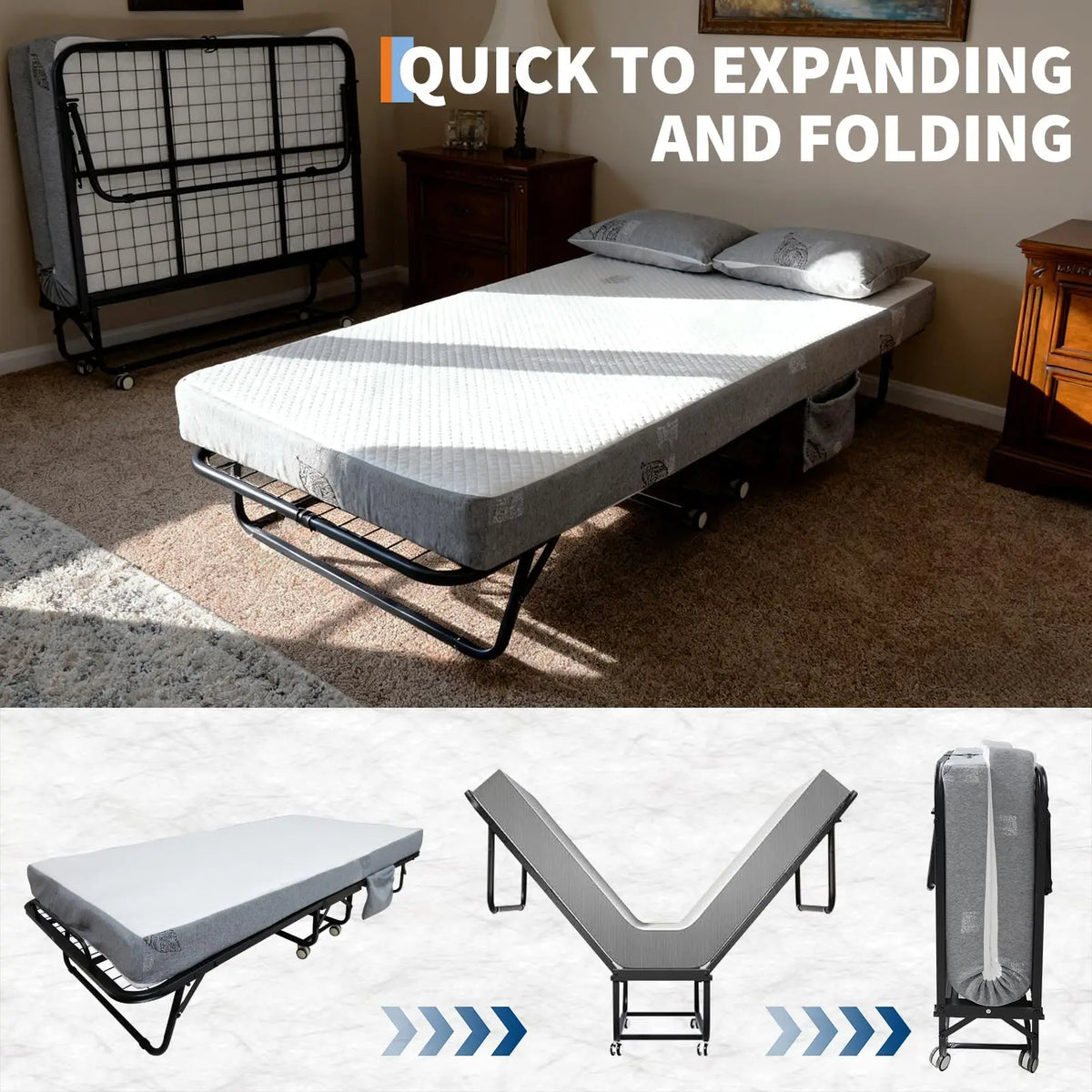 Portable Folding Bed With 6 Inch Memory Foam Mattress Sturdy Steel Frame Foldable Rollaway Guest Bed With Wheels Space Saving Spare Bed For Apartment RV Dorm Overnight Visitors