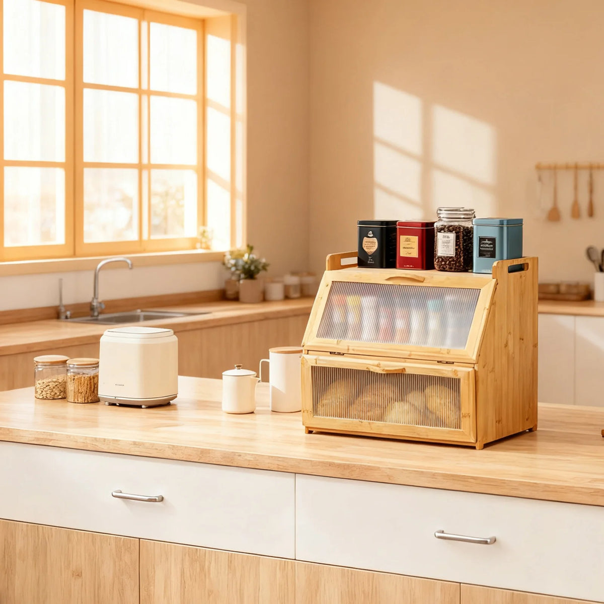 Double Layer Wooden Bread Storage Box Farmhouse Style Countertop Bread Keeper for Kitchen Food Storage
