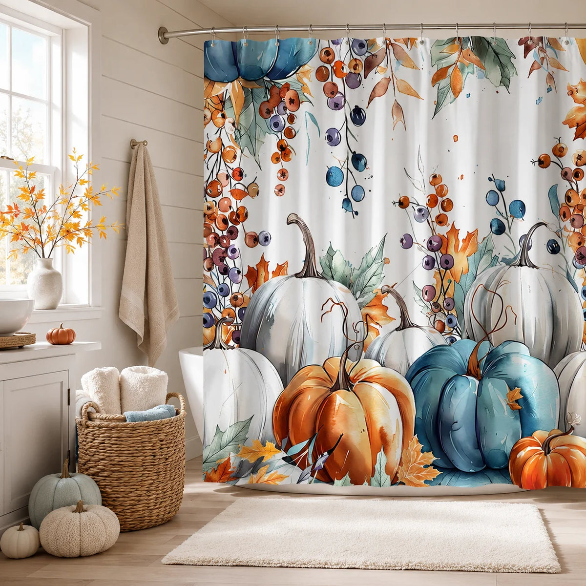 One Halloween Shower Curtain Featuring Vibrant Pumpkins And Autumn Foliage, Designed for a Rustic Farmhouse Look. It Measures 71X71 Inches And Is Made of Polyester Fabric