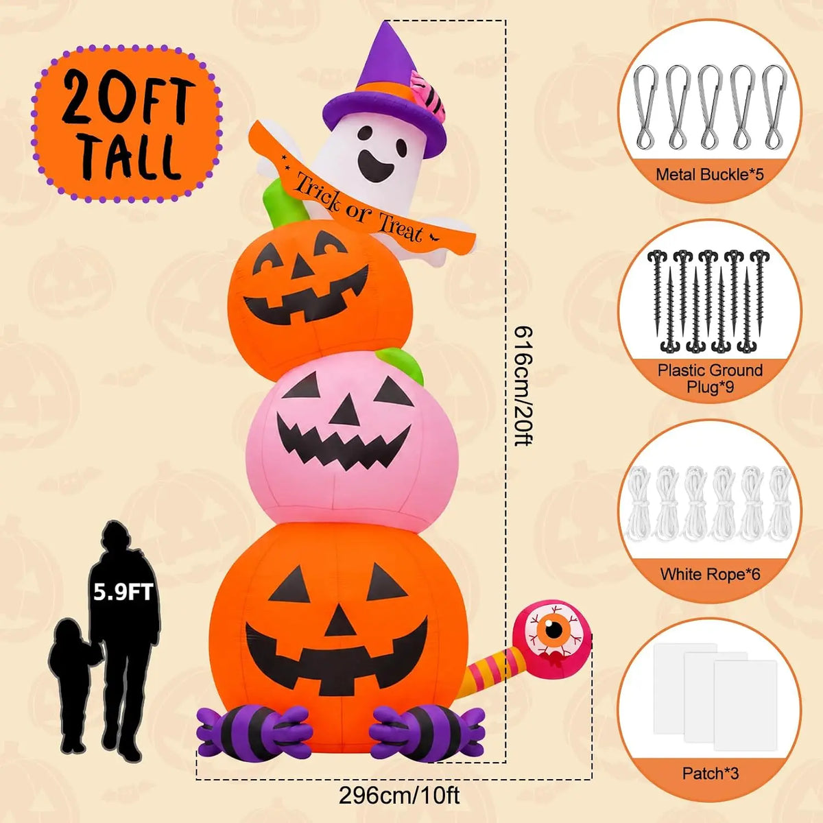 Halloween Inflatable Pumpkin Ghost, 20-Foot Tall Giant Blow-Up Yard Decoration with Built-In Lights for Garden, Lawn, Indoor & Outdoor Use