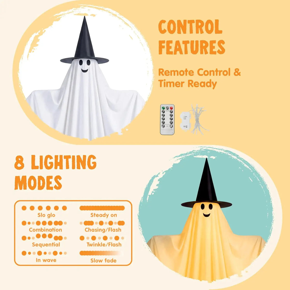 2Pcs Outdoor Halloween Decorations 55" Standing Ghost and 23" Dog Ghost Cute Set with Warm White LED Lights 8 Lightng Modes & Timer for Yard Lawn Party Favors and Halloween Decor Outside Indoor