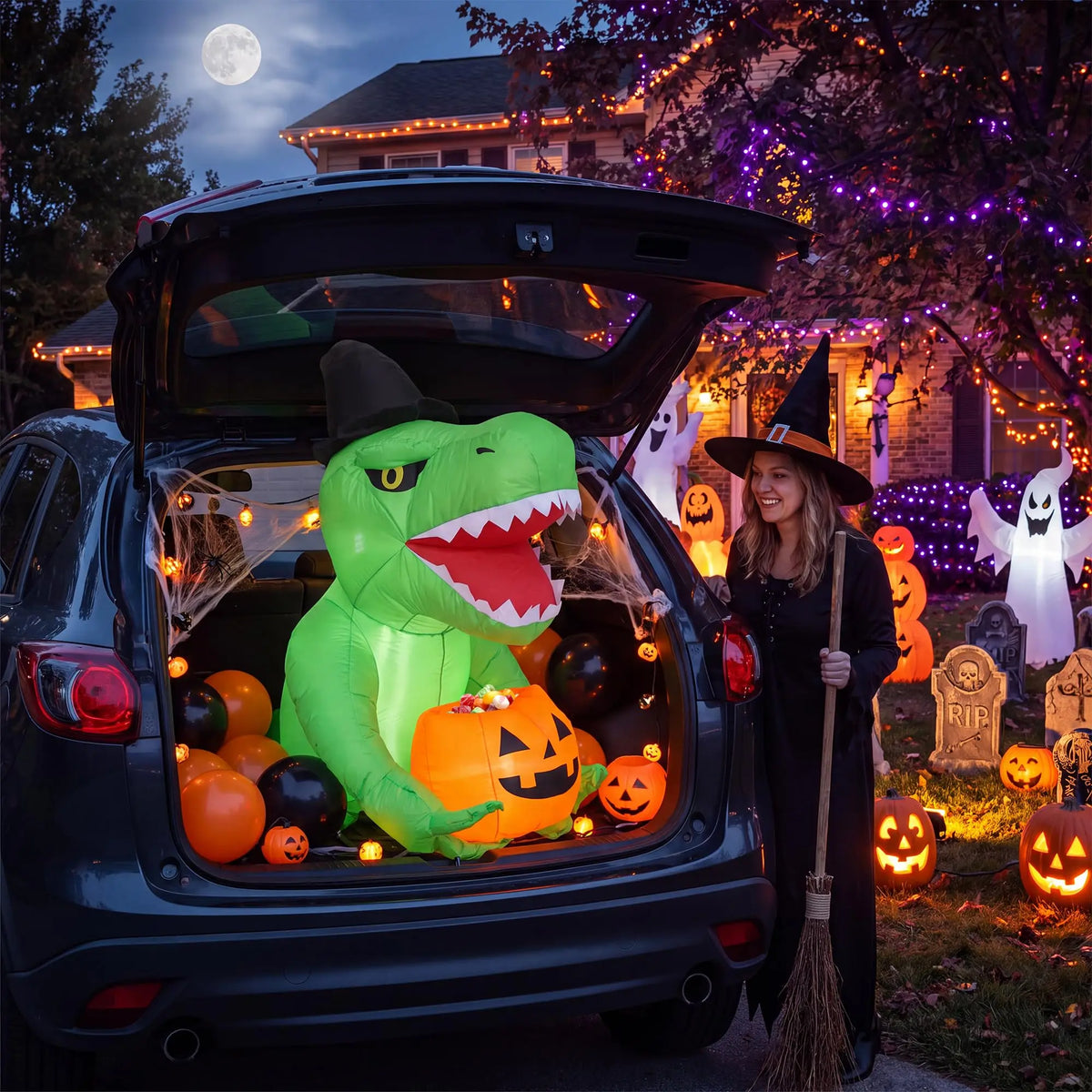 4.5ft Halloween Inflatable Dinosaur With Led Lights, Witch Hat Pumpkin Blow Up Outdoor Yard Lawn Car Trunk Or Treat Party Decor