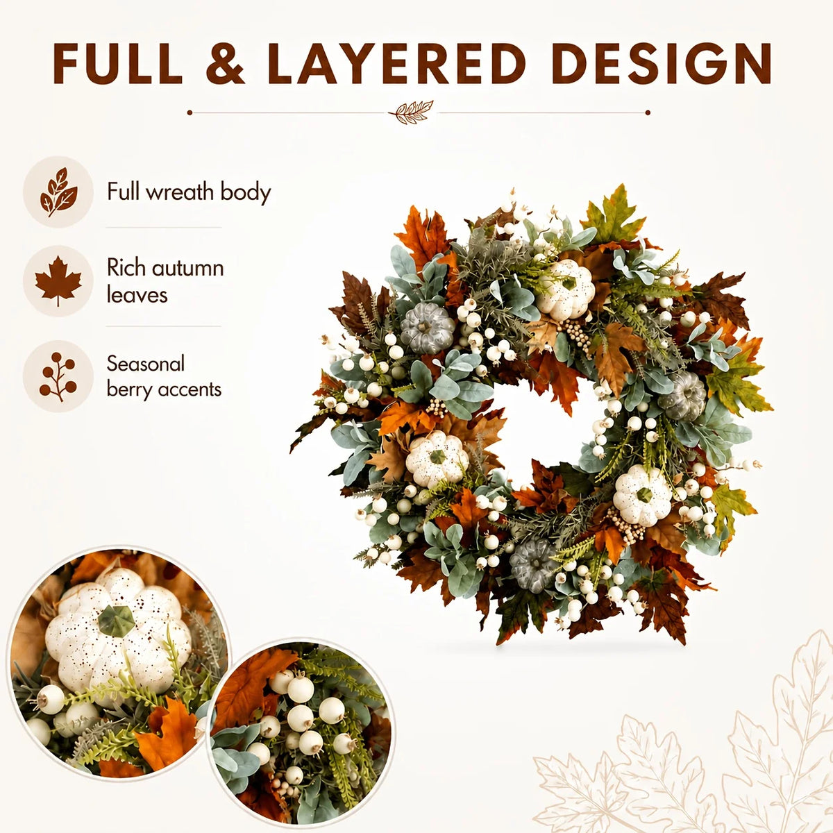 Garlands - All Peony And Pumpkin Wreath Year Round, Leaves And Berries Farmhouse Autumn Wreath, Mixed Leaves - Thanksgiving Wreaths for Indoor Outdoor, Artificial Fall Wreaths for Front Door Rustic