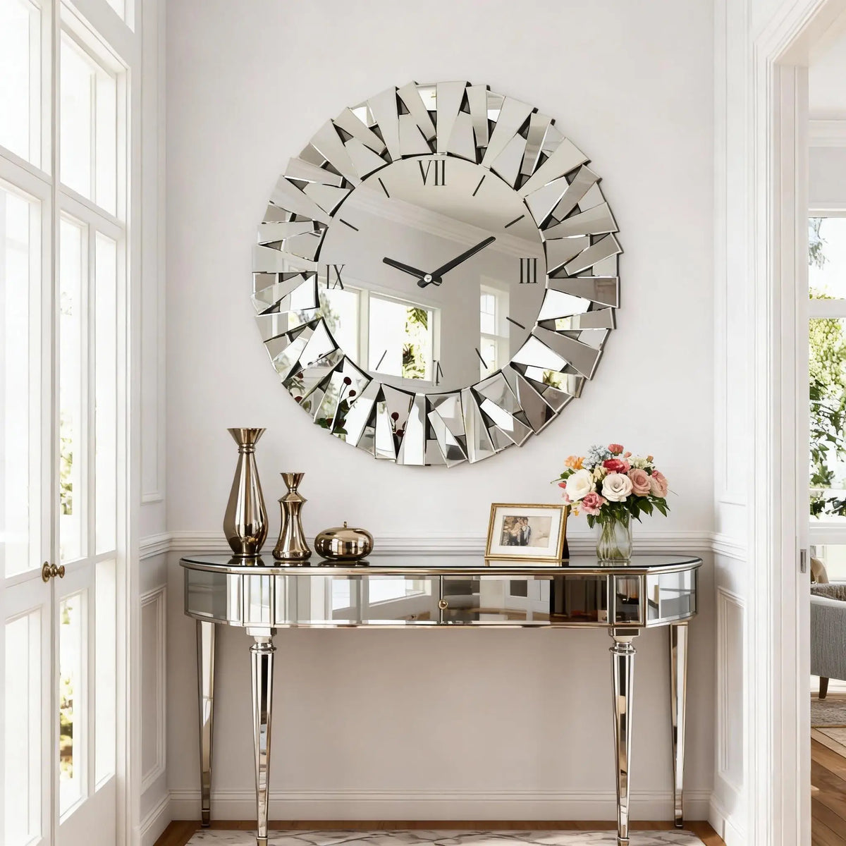 Large Wall Clock 3D Mirrored Clocks Sunburst Edge 32"/80CM Round Roman Numeral Modern Living Room Dining Room Fireplace Decor