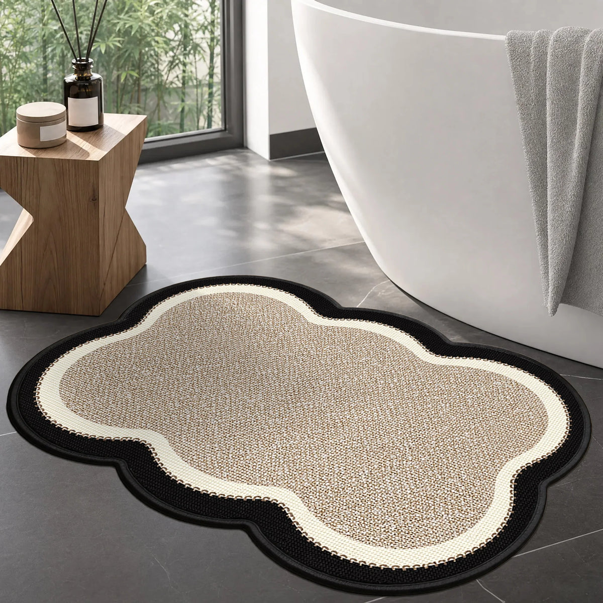 Wavy Scalloped Bathroom Rug, Imitation Linen Absorbent Non Slip Bath Mat for Shower Room, Entryway Decor