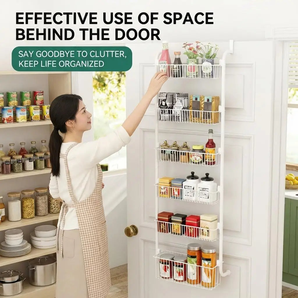6 Tier Over the Door Pantry Organizer, Heavy Duty Metal Hanging Kitchen Storage Rack, Door Mount Spice Rack for Pantry Door Kitchen Bathroom