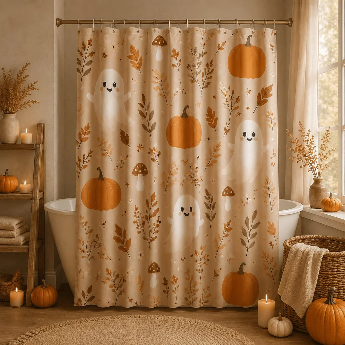Fall Pumpkin Shower Curtain 71x71 Inches Shower Curtain with 12 Hooks Beige Rustic Autumn Leaf Mushroom Farmhouse Bathroom Decor