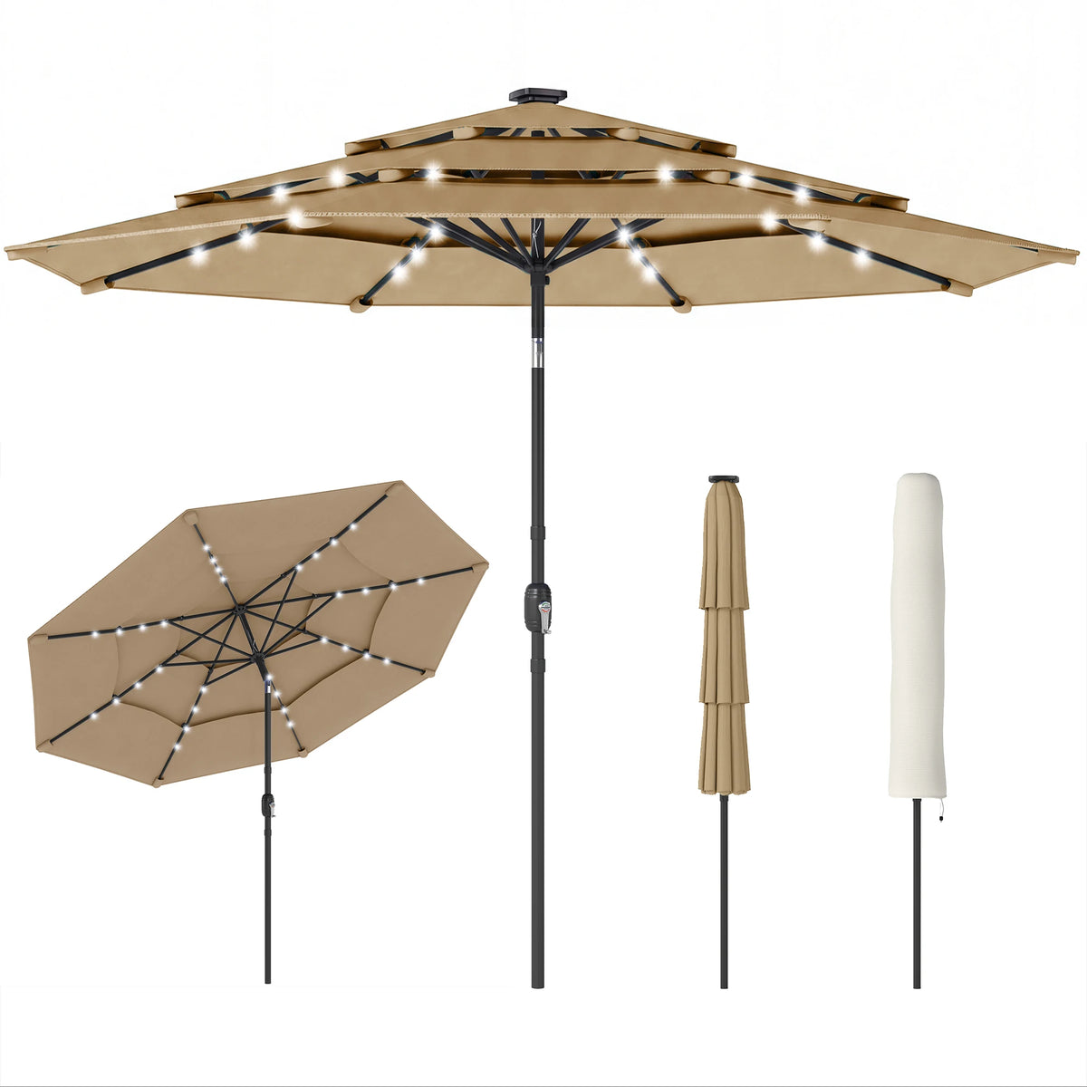 9.7 ft Outdoor Patio Umbrella with Lights, Khaki