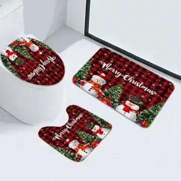 Christmas Bathroom Mat Set, Buffalo Plaid Snowman Bath Rug Non-Slip Toilet Seat Cover Set, Merry Christmas Home Decor
