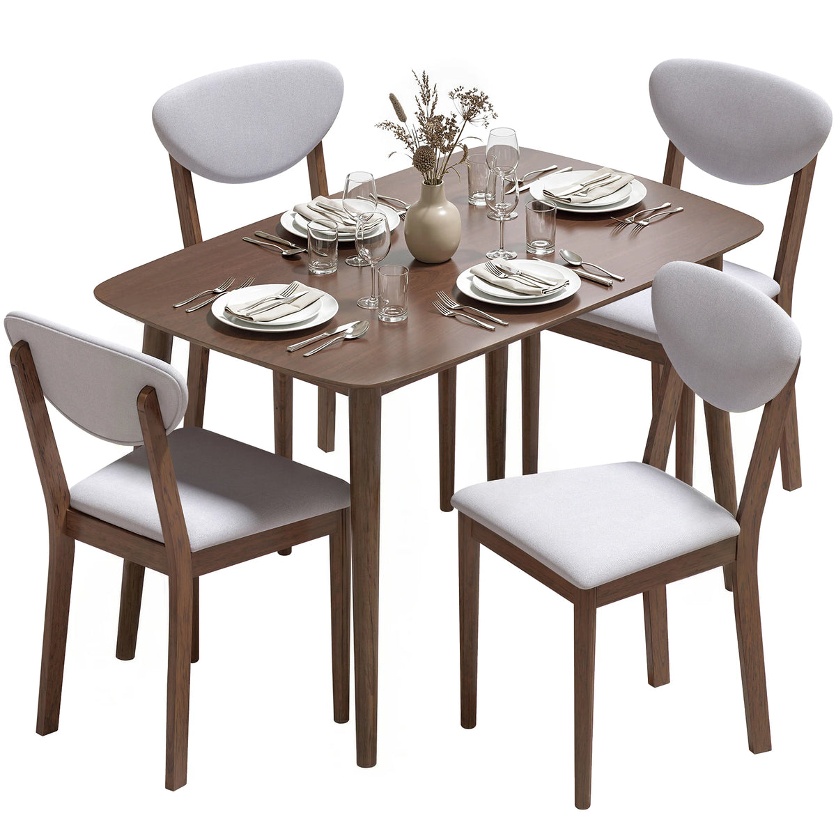 Homcom 5-Piece Dining Table Set for 4, Mid-Century Modern Kitchen Table and Chairs with Padded Seats and Backrests, Solid Wood Frame for Small Spaces, Dining Room, Living Room, Light Gray