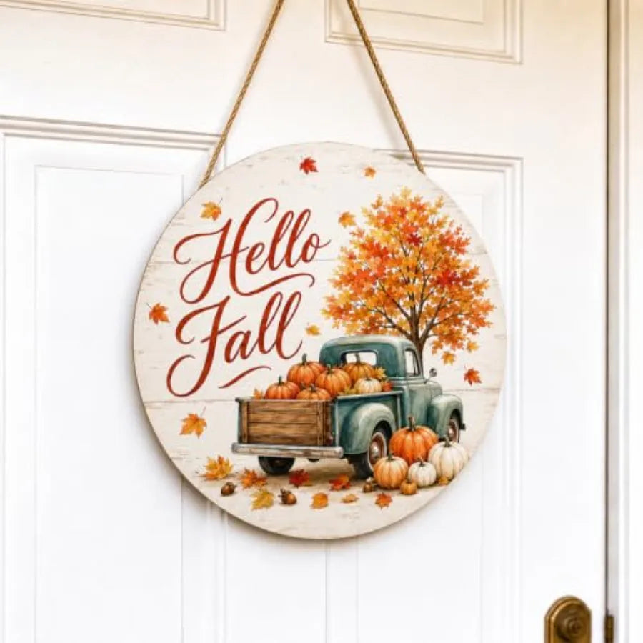 Fall Door Decor Wooden Hello Fall Sign, Pumpkin Truck Door Hanger Wooden Hello Fall pumpkin truck sign for front door, porch, w