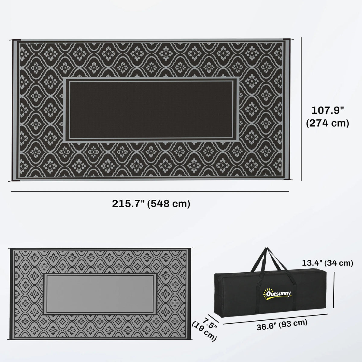 9' x 18' Outdoor Area Rug Black Gray Gourd Border Floor Mat Large Decorative Carpet for Patio Backyard Garden Poolside