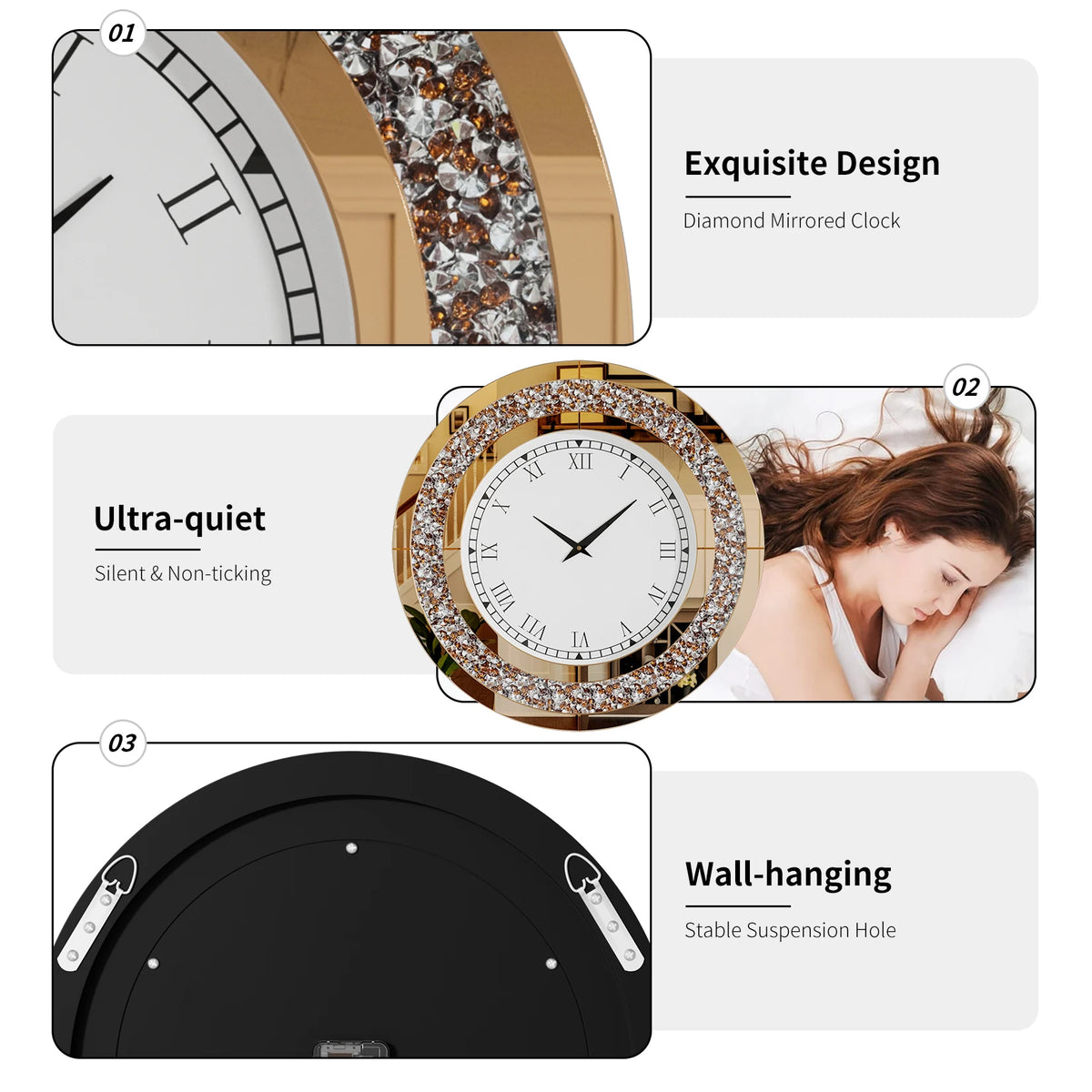 Large Wall Clock Silver Tawny Tinted Crushed Diamond Inlay Clock 80CM Round Decorative Mirrored Clock
