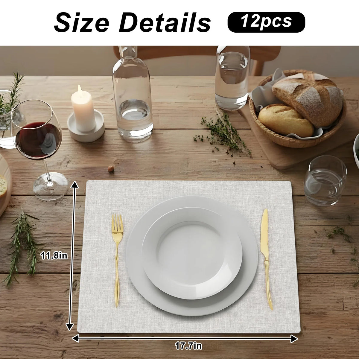 12 Pcs Beige Linen Placemats Set, 17.7" × 11.8" Heat Resistant Non-Slip Washable Table Mats, Natural Fabric Placemats for Dining Table, Kitchen, Wedding and Party