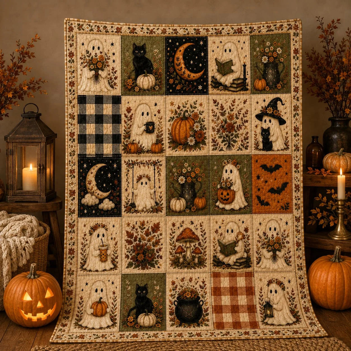 Halloween Quilt Blanket, Ghost Blanket Pumpkin Throw, Cozy Fall Blanket, Spooky Season Decor, Fall Farmhouse Bedding, Halloween Gift