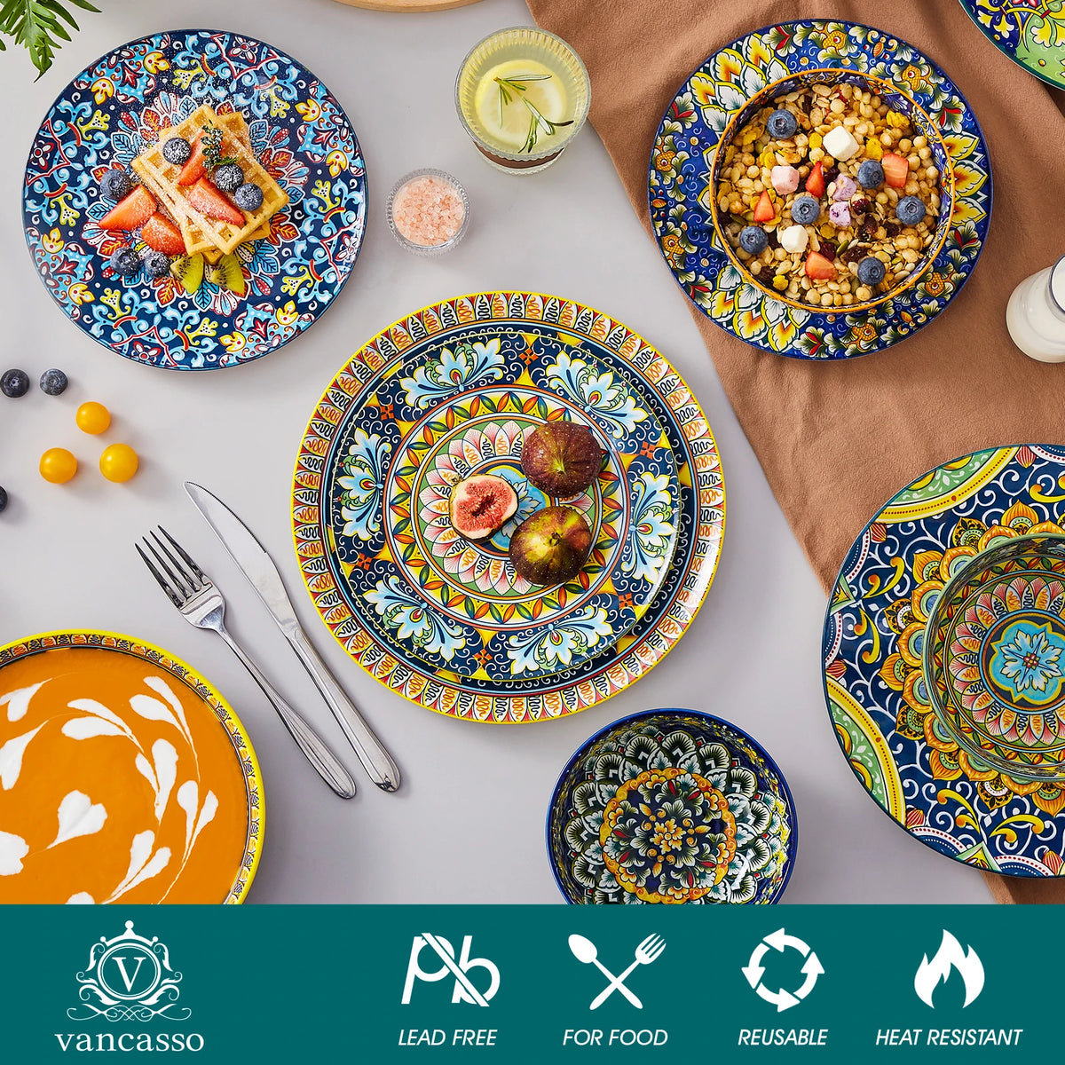 Malacasa 24 Piece Porcelain Dinnerware Set Bohemian Plant Pattern