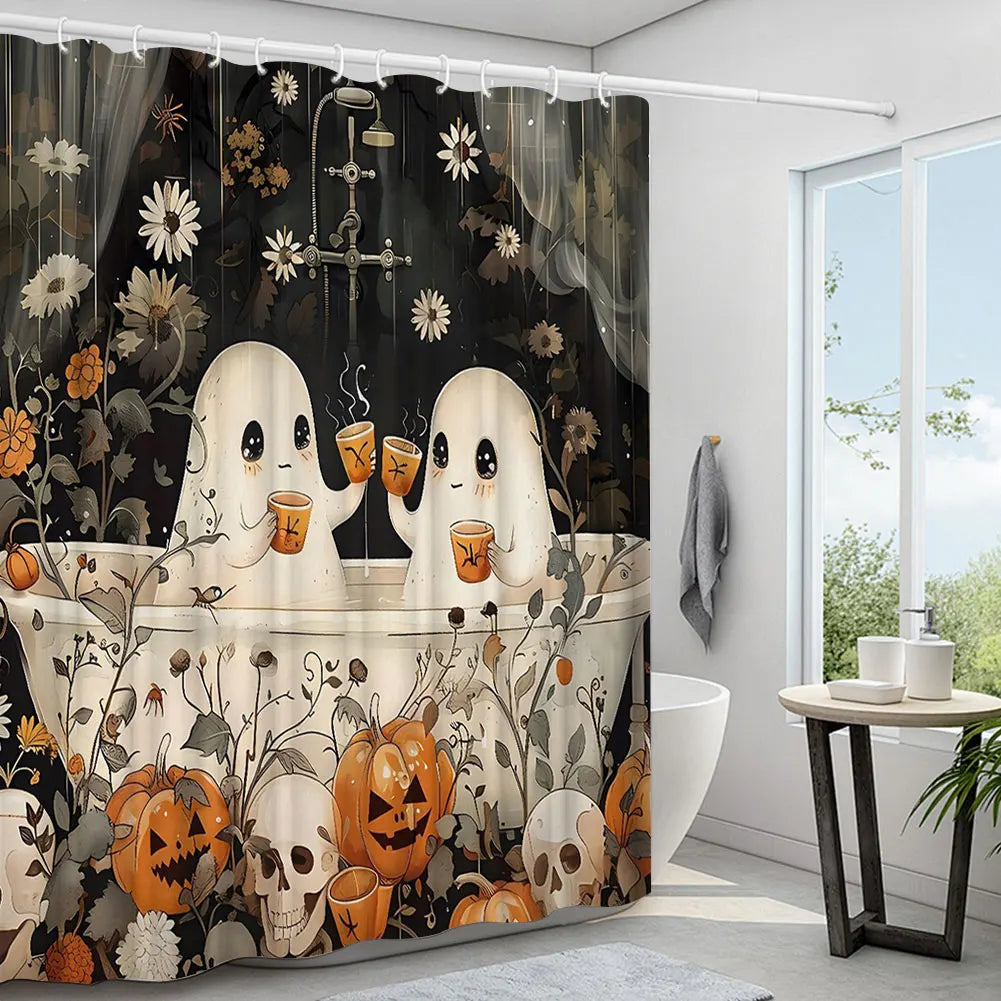 Cute Cartoon Ghost Shower Curtain Set Halloween Shower Curtain Washable Bathtub Curtain Polyester Fabric Spooky Bathroom Curtain