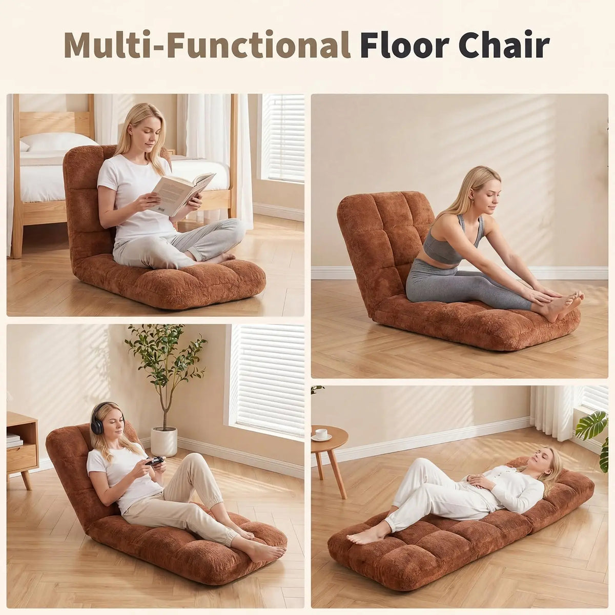 Adjustable Floor Chair With Back Support, 5-Position Foldable Gaming Lounge Chair, Padded Meditation Sofa For Indoor Living Room