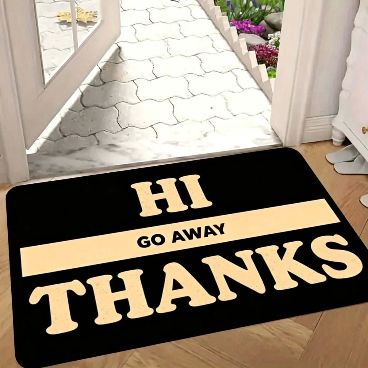 1 Fun Welcome Door Mat "Welcome Joke, Please Go Home" - Durable machine washable indoor and outdoor anti slip floor mat, rectangular door mat made of flannel material, bold text design, suitable for indoor/outdoor use