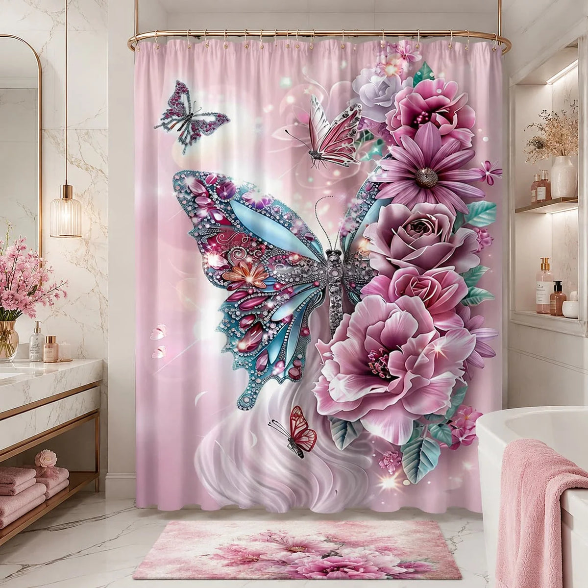 2D Flat, 2D Flat Shower Curtain, 1pc, Floral Butterfly Shower Curtain, Bathroom Decor Bathtub Partition Hanging Curtain, Includes 12 Hooks, Flower and Butterfly Design, Suitable for Elegant Home Decor, Suitable for Rooms, Hom