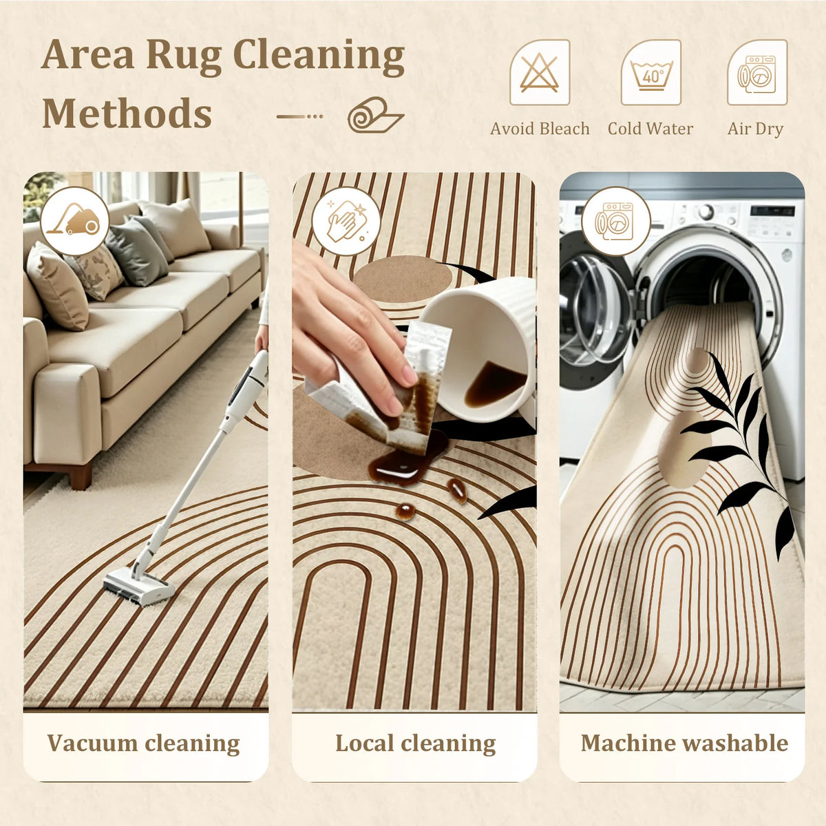 Large Indoor Area Rug, Soft Velvet Low Pile Rug with Non-Slip Dotted Backing, Machine Washable Modern Abstract Line & Black Leaf Pattern Neutral Beige Floor Mat for Living Room, Bedroom