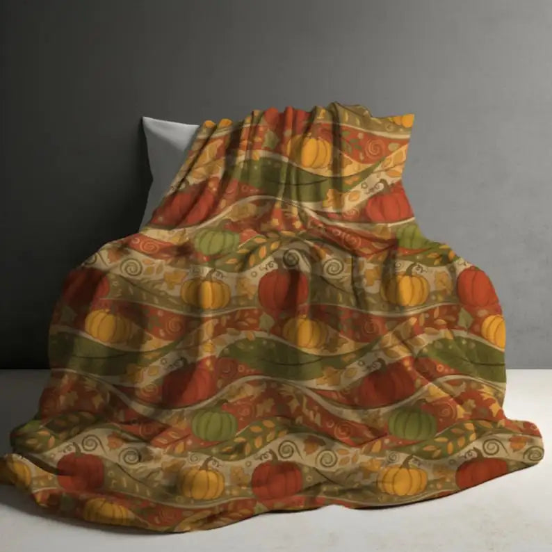 Autumn Harvest Blanket, Pumpkin Wave Throw, Fall Farmhouse Bedding, Orange Pumpkin Throw, Autumn Wave Blanket, Harvest Season Gift