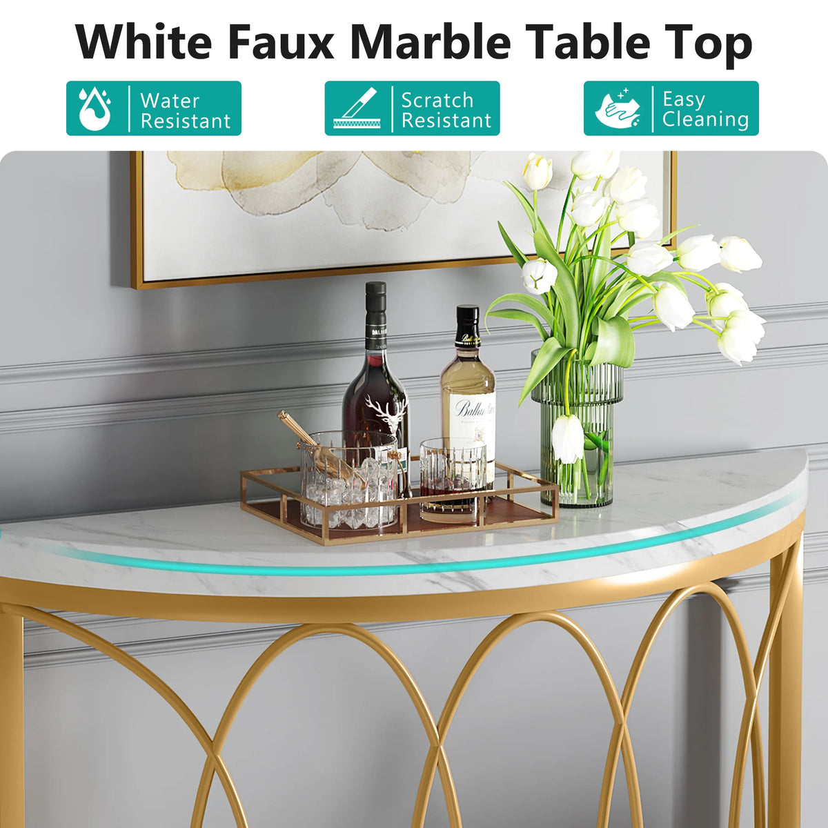Tribesigns Modern Half Moon Console Table With Geometric Metal Frame