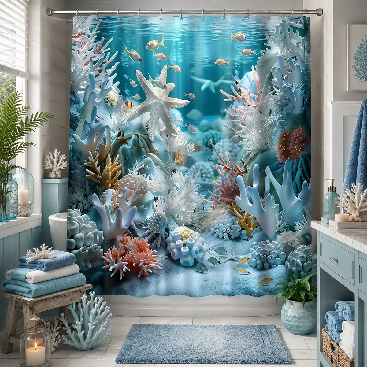 [Ocean Seashell Shower Curtain] 2 D Shower / Bath Curtain 1pc Ocean Seashell Starfish Coral Pattern Shower Curtain, Made of Durable Material, Multiple Sizes Available, Easy to Care For, with Hooks, Machine Washable, Perfect f