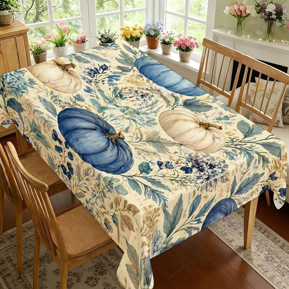 Stylized Blue Pumpkin Tablecloth - Cream Background with Leafy Foliage Print, Rectangular Polyester Dining Decor for Autumn Harvest, Indoor Kitchen And Party Use