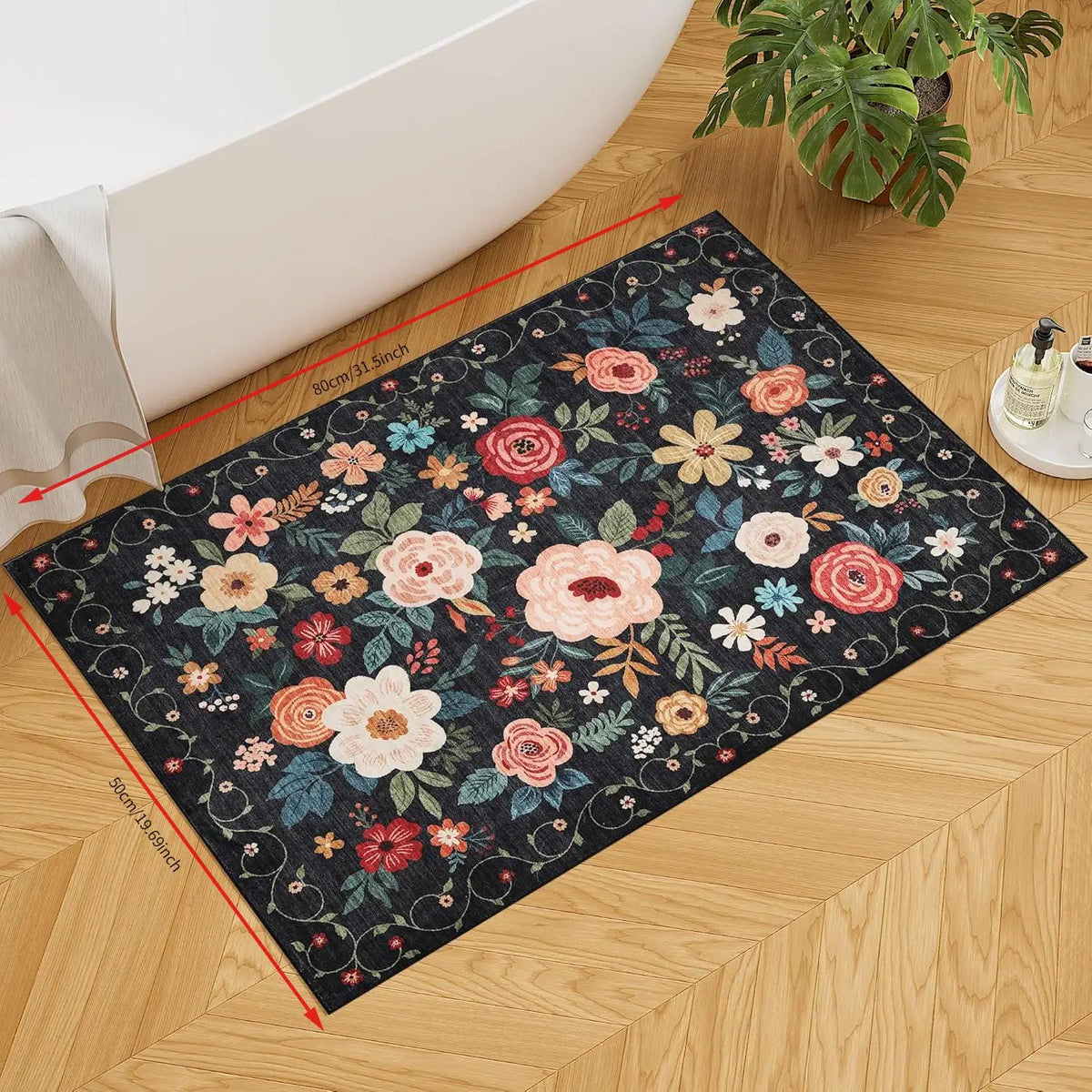Retro Black Background Floral Bathroom Absorbent Floor Mat, American Countryside Floral Printed Foot Mat, Anti-Slip Quick-Drying Carpet for Bathroom Entrance