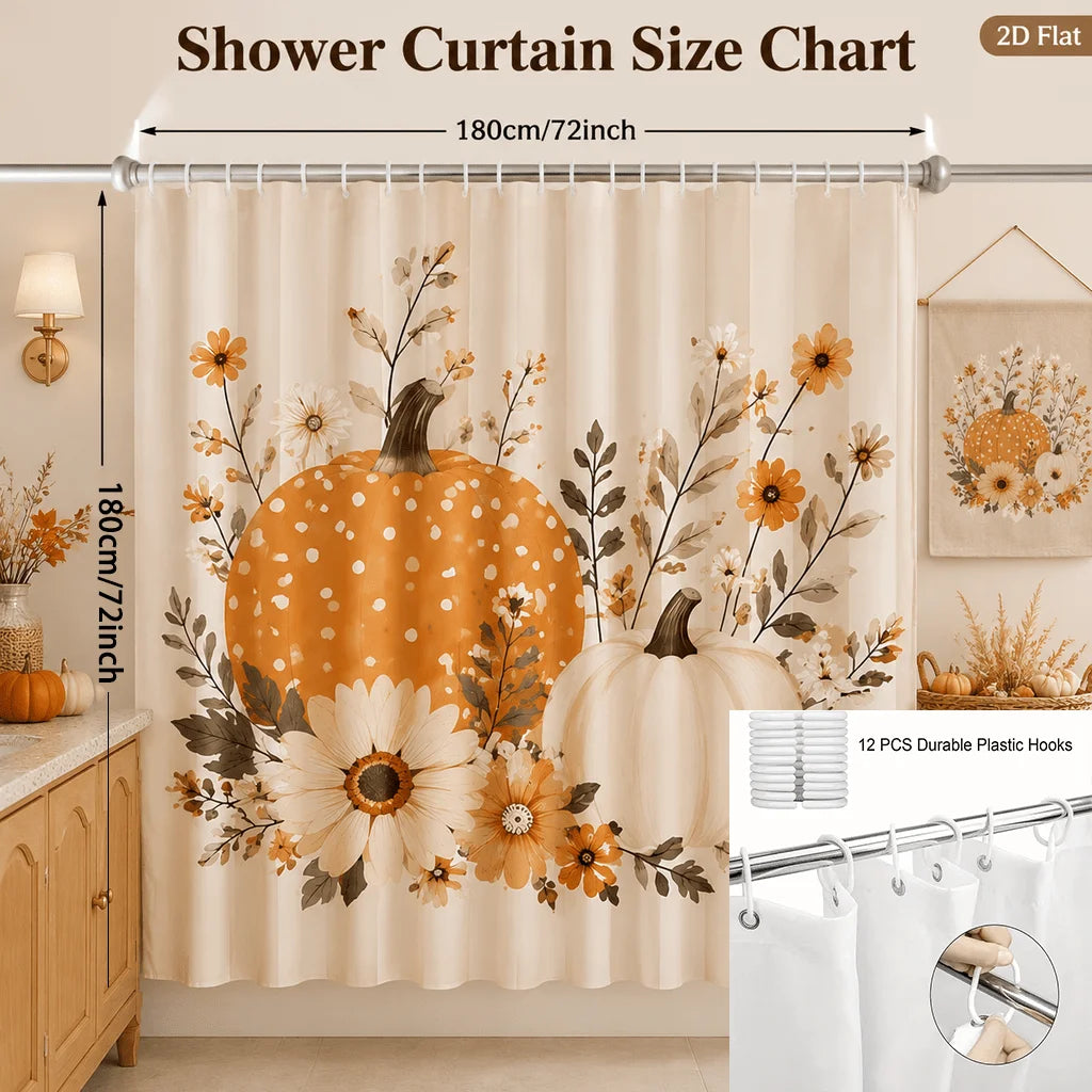 Autumn Pumpkin Floral Shower Curtain 71X71 Inches Polyester Fabric Farmhouse Fall Bathroom Decor with 12 Hooks Rustic Orange White Pumpkin Daisy Botanical Print
