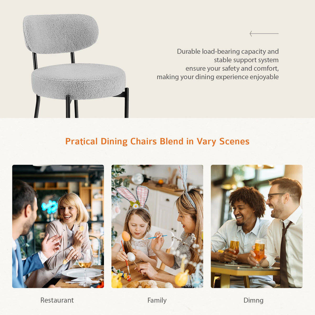 JHK Round Dining Chairs With Curved Backrests And Metal Legs
