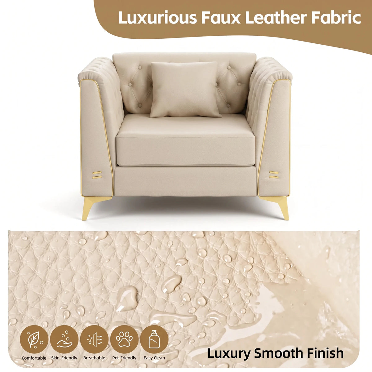 40.1" Light Luxury 1-Seater Chesterfield Style Sofa Faux Leather Upholstered Single Sofa Chair Armchair with Handmade Button Tufted Backrest Metal Trim Armrests & Slim Metal Legs Comfortable Thick Seat Cushion Accent Furnitur