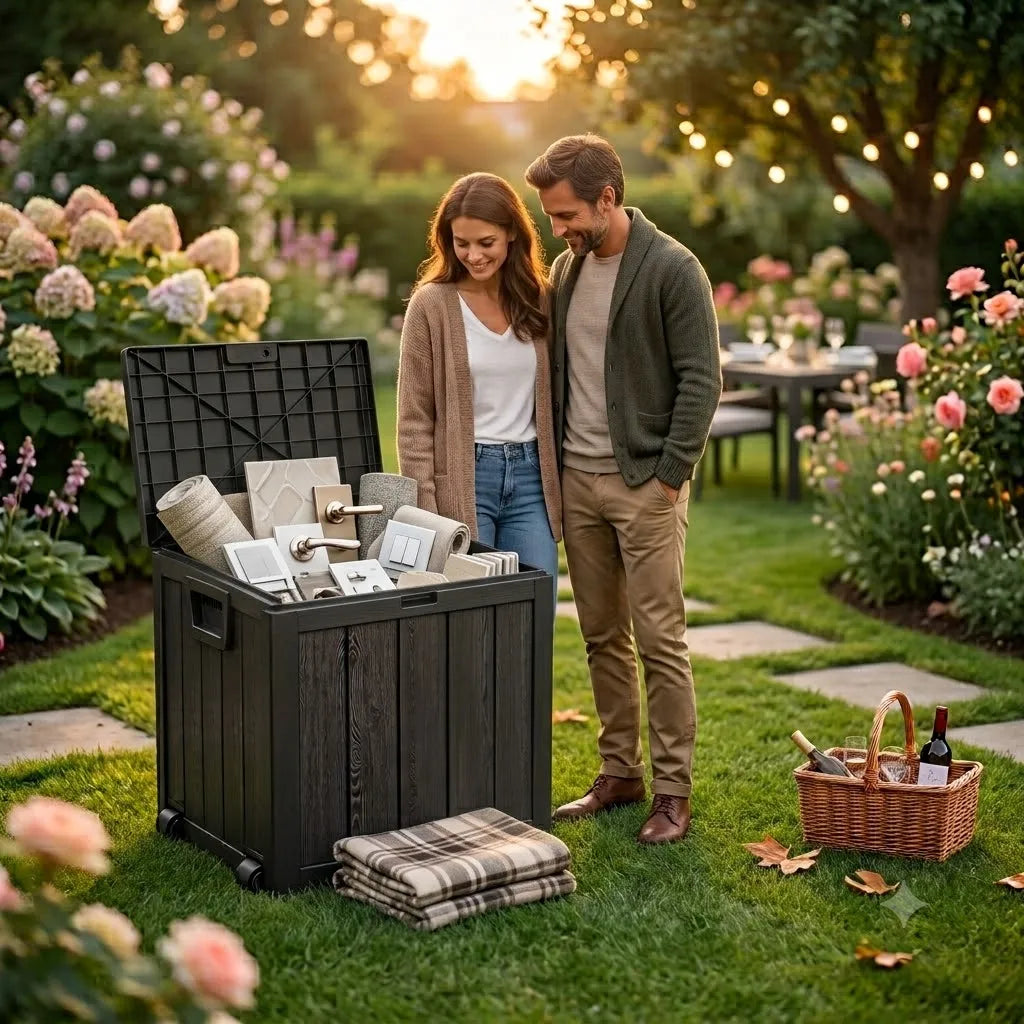 Oversize 44.09×18.90×21.26 Inch Outdoor Plastic Storage Box, Beige Heavy Duty Tool Chest with 6 Split Panels. Comes with 3 latches, 2 connecting ropes & 2 rolling wheels. Waterproof UV-resistant hard plastic, large capacity