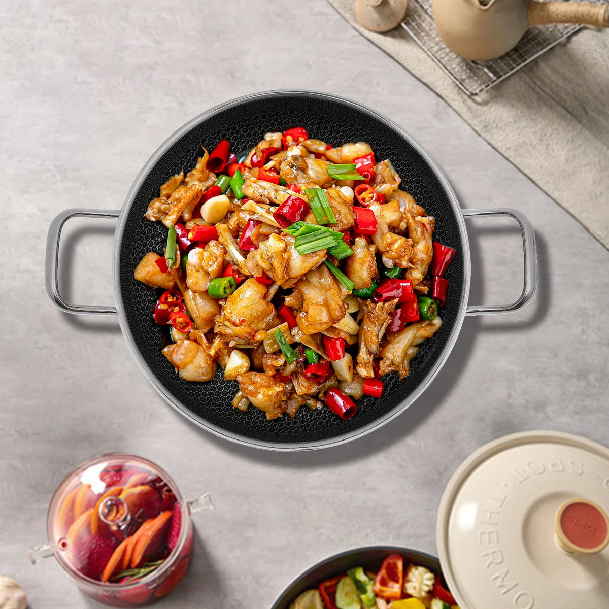 Stainless Steel Pan with Cooking Lid Non Stick Frying Pan with Lid-carrying Handle Spiral Pattern for All Hobs Including Induction, Gas, Electric, Halogen, Glass, and Ceramic
