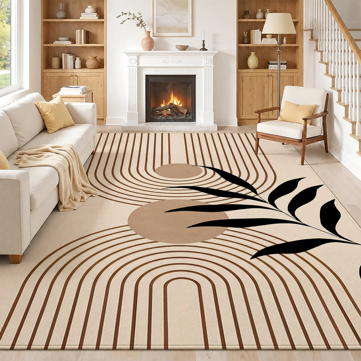 Large Indoor Area Rug, Soft Velvet Low Pile Rug with Non-Slip Dotted Backing, Machine Washable Modern Abstract Line & Black Leaf Pattern Neutral Beige Floor Mat for Living Room, Bedroom