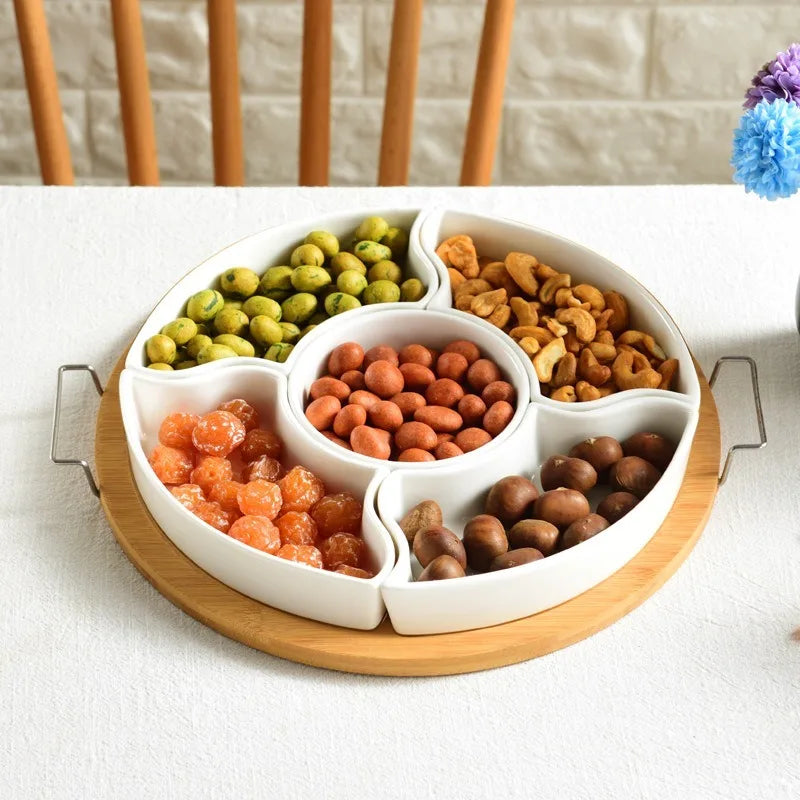 1Pc Creative Multi‑Compartment Ceramic Fruit Plate Snack Tray for Living Room Dried Fruit Nuts New Year Use