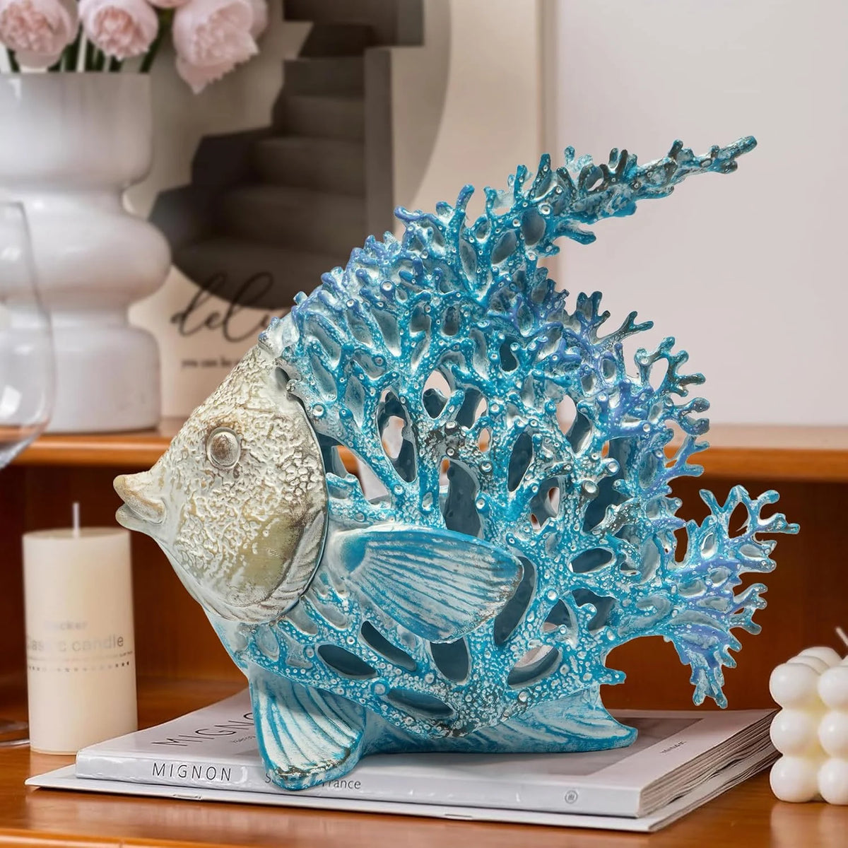 Hodao 7.75 Inch Resin Coral Reef Fish Figurine, Hand-Painted Blue and Ivory Angelfish Sculpture with Stone-Textured Finish, Coastal Ocean Sea Life Decor for Beach House, Living Room, Bathroom, Bookshelf, Tabletop, Office Desk