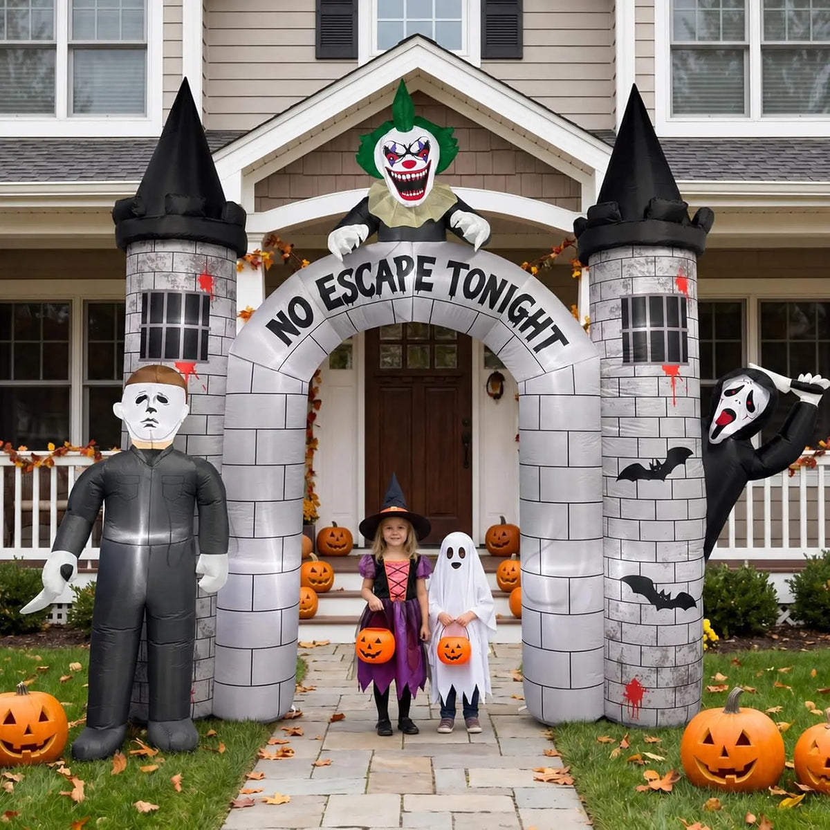 Outdoor Halloween Archway Inflatable with Built-In LEDs | 10FT Blow Up Arch for Yard Haunted House Decorations Featuring 3 Killer Characters | Easy Setup Inflatable Entrance for Indoor, Lawn & Garden